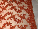 Beaded - Orange - Embroided Small Flower Fabric with Decorated Borders - Sold by The Yard
