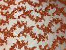 Beaded - Orange - Embroided Small Flower Fabric with Decorated Borders - Sold by The Yard
