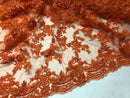 Beaded - Orange - Embroided Small Flower Fabric with Decorated Borders - Sold by The Yard