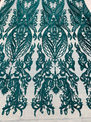 Lace Fabric - Teal - Fancy Damask Pattern Sequins Design Fashion Fabric