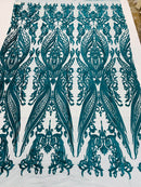 Lace Fabric - Teal - Fancy Damask Pattern Sequins Design Fashion Fabric