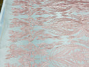 Lace Fabric - Pink - Fancy Damask Pattern Sequins Design Fashion Fabric