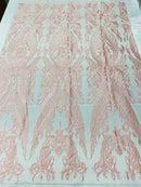 Lace Fabric - Pink - Fancy Damask Pattern Sequins Design Fashion Fabric
