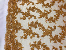 Beaded - Gold - Embroided Small Flower Fabric with Decorated Borders - Sold by The Yard