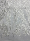 Lace Fabric - Ivory  - Fancy Damask Pattern Sequins Design Fashion Fabric