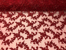 Beaded - Burgundy - Embroided Small Flower Fabric with Decorated Borders - Sold by The Yard