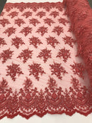 Coral Beaded Embroidered Floral Fabric Lace Bridal Wedding Designs By The Yard