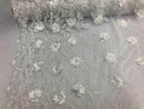 3D Embroided Flower Pattern Fabric with Two Tone Leaf Color White  - Elegant 3D Flowers By The Yard