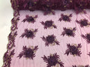 3D Embroided Flower Pattern Fabric with Two Tone Leaf Color Purple - Elegant 3D Flowers By The Yard