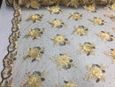 3D Embroided Flower Pattern Fabric with Two Tone Leaf Color Cream - Elegant 3D Flowers By The Yard