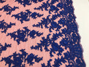 Royal with Red Mesh - Floral Hand Beaded Embroidered Pattern Bridal Wedding Fabric Sold by The Yard