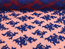 Royal with Red Mesh - Floral Hand Beaded Embroidered Pattern Bridal Wedding Fabric Sold by The Yard