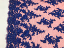 Royal with Red Mesh - Floral Hand Beaded Embroidered Pattern Bridal Wedding Fabric Sold by The Yard