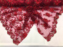 3D Embroided Flower Pattern Fabric with Two Tone Leaf Color Burgundy Elegant 3D Flowers By The Yard