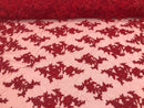 Red - Floral Hand Beaded Embroidered Pattern Bridal Lace Wedding Fabric Sold by The Yard