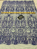 4 Way Stretch Fabric - Blue - Sequins Design on Spandex Mesh Fashion Fabric