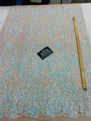 4 Way Stretch Fabric - Iridescent Aqua/ Pink - Sequins Design on Spandex Mesh Fashion Fabric