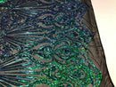 Iridescent - Blue/Green - 4 Way Stretch Sequins Damask Pattern Fabric  - Sold By The Yard