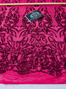 4 Way Stretch Fabric - Fuschia - Sequins Design on Spandex Mesh Fashion Fabric
