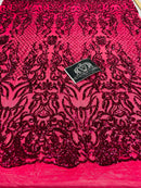 4 Way Stretch Fabric - Fuschia - Sequins Design on Spandex Mesh Fashion Fabric