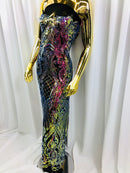 Iridescent - Magenta Rainbow - 4 Way Stretch Sequins Damask Pattern Fabric  - Sold By The Yard