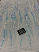 Two Tone - Iridescent Aqua / White - Phoenix Sequins Design on Spandex Mesh Trendy Fabric