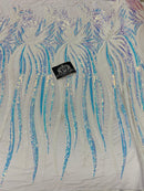 Two Tone - Iridescent Aqua / White - Phoenix Sequins Design on Spandex Mesh Trendy Fabric