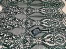 4 Way Stretch Fabric - Hunter Green - Damask Sequins Vintage Design on Nude Spandex Mesh Trend Fabric