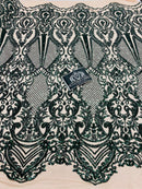 4 Way Stretch Fabric - Hunter Green - Damask Sequins Vintage Design on Nude Spandex Mesh Trend Fabric