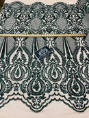 4 Way Stretch Fabric - Hunter Green - Damask Sequins Vintage Design on Nude Spandex Mesh Trend Fabric