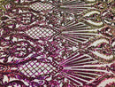 Iridescent - Magenta Gold - 4 Way Stretch Sequins Damask Pattern Fabric  - Sold By The Yard