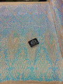 4 Way Stretch Fabric - Aqua - Triangle Geometric Sequins Design on Spandex Mesh Fashion Fabric