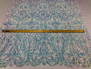 Iridescent - Baby Blue - 4 Way Stretch Sequins Vines Pattern Fabric  - Sold By The Yard