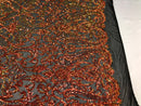 Iridescent - Orange Black Mesh - 4 Way Stretch Sequins Vines Pattern Fabric  - Sold By The Yard