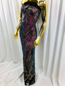 Iridescent - Magenta Rainbow 4 Way Stretch Sequins Pattern Fabric on Black Mesh - Sold By The Yard