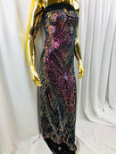Iridescent - Magenta Rainbow 4 Way Stretch Sequins Pattern Fabric on Black Mesh - Sold By The Yard