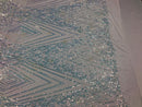 Iridescent - Baby Blue - 4 Way Stretch Sequins Pattern Fabric on White Mesh - Sold By The Yard