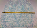 Iridescent - Baby Blue - 4 Way Stretch Sequins Pattern Fabric on White Mesh - Sold By The Yard