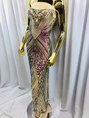 Iridescent - Fuschia/Gold - 4 Way Stretch Sequins Pattern Fabric on Mesh - Sold By The Yard