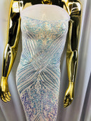 Iridescent - Baby Blue - 4 Way Stretch Sequins Pattern Fabric on White Mesh - Sold By The Yard