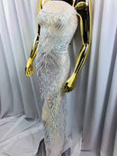 Iridescent - Baby Blue - 4 Way Stretch Sequins Pattern Fabric on White Mesh - Sold By The Yard