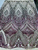 Iridescent - Fuschia/Gold - 4 Way Stretch Sequins Pattern Fabric on Mesh - Sold By The Yard