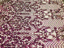 4 Way Stretch - Magenta Gold - Iridescent Sequins Damask Net Pattern Fabric  - Sold By The Yard