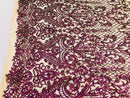 4 Way Stretch - Magenta Gold - Iridescent Sequins Damask Net Pattern Fabric  - Sold By The Yard