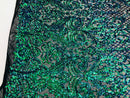 4 Way Stretch - Blue / Green - Iridescent Sequins Damask Net Pattern Fabric  - Sold By The Yard