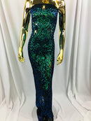 4 Way Stretch - Blue / Green - Iridescent Sequins Damask Net Pattern Fabric  - Sold By The Yard