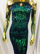 4 Way Stretch - Blue / Green - Iridescent Sequins Damask Net Pattern Fabric  - Sold By The Yard