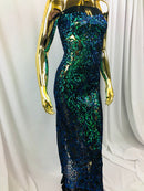 4 Way Stretch - Blue / Green - Iridescent Sequins Damask Net Pattern Fabric  - Sold By The Yard