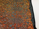 4 Way Stretch - Orange Black Mesh - Iridescent Sequins Damask Net Pattern Fabric  - Sold By The Yard