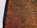 4 Way Stretch - Orange Black Mesh - Iridescent Sequins Damask Net Pattern Fabric  - Sold By The Yard